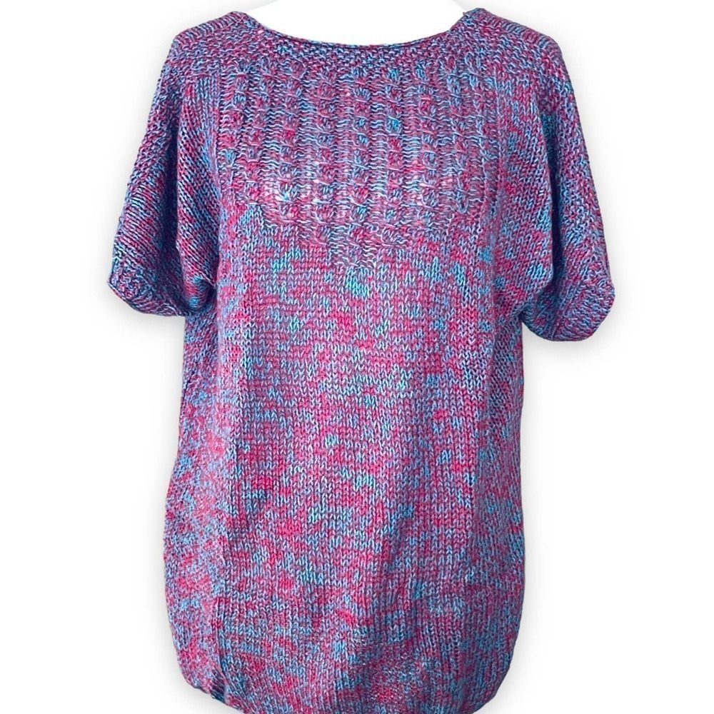 🍀HANDMADE Pink Blue Boat Neck Open Back Short Sleeve Knit Sweater Size XL